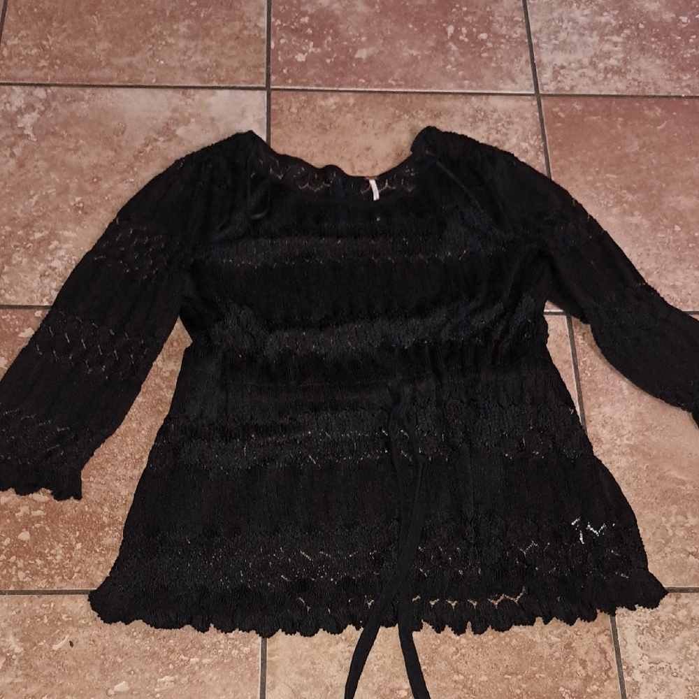Free People Black Smocked Blouse with Tie Front